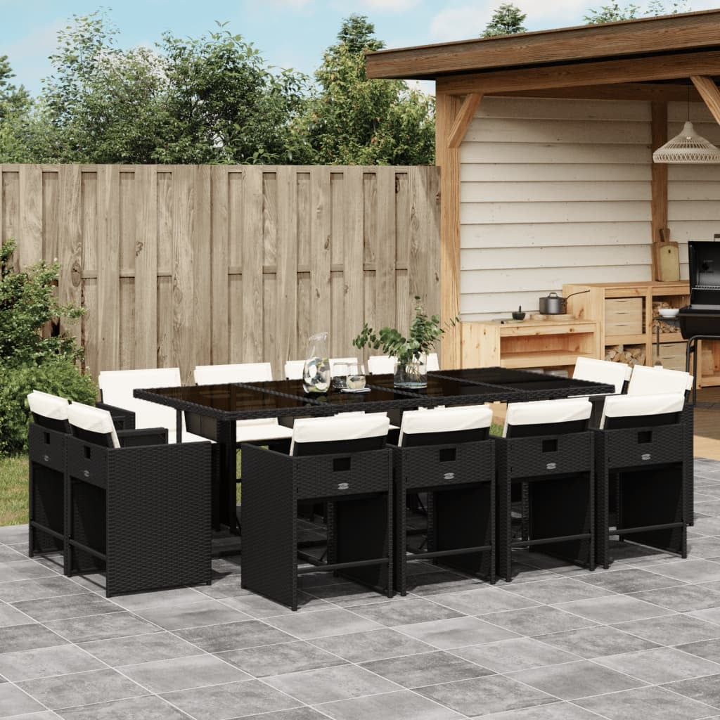 13 Piece Patio Dining Set with Cushions Black Poly Rattan