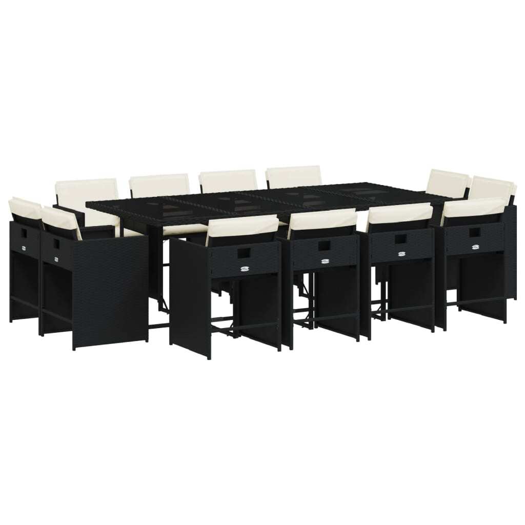 13 Piece Patio Dining Set with Cushions Black Poly Rattan
