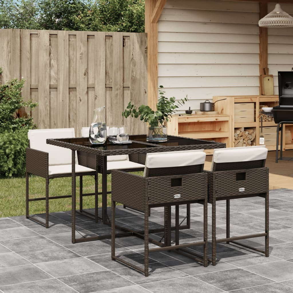 5 Piece Patio Dining Set with Cushions Brown Poly Rattan