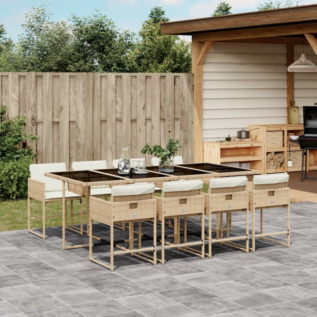 9 Piece Patio Dining Set with Cushions Beige Poly Rattan