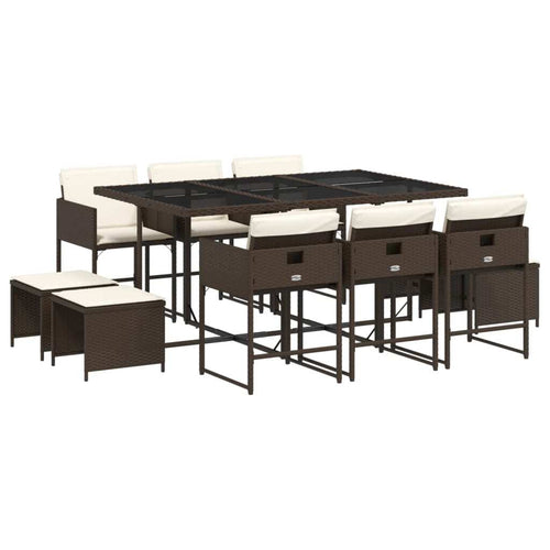 11 Piece Patio Dining Set with Cushions Brown Poly Rattan