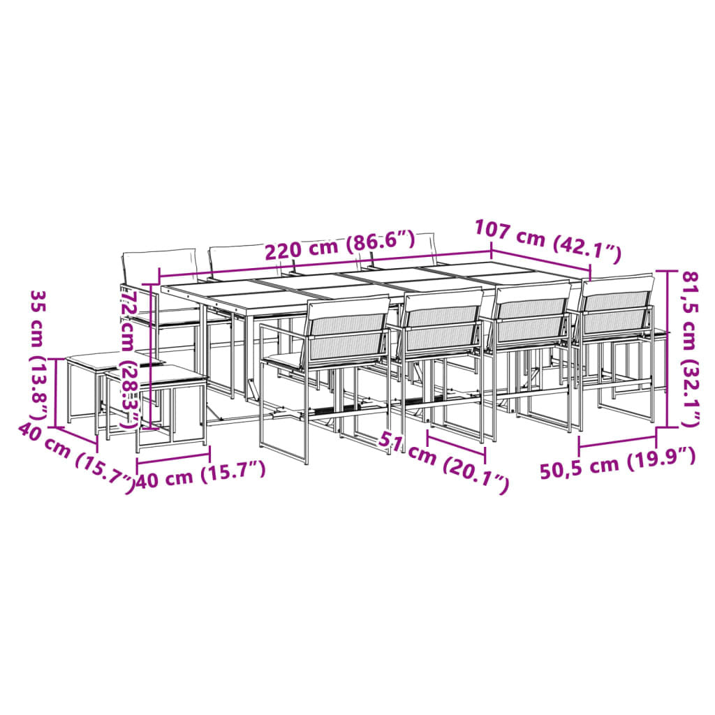 13 Piece Patio Dining Set with Cushions Black Textilene
