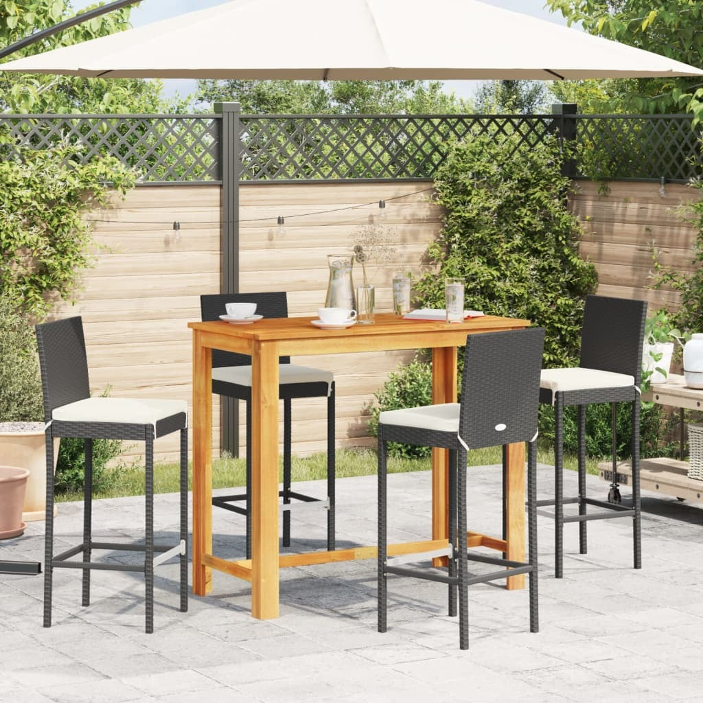 5 Piece Patio Bar Set Black Solid Wood Acacia and Poly Rattan