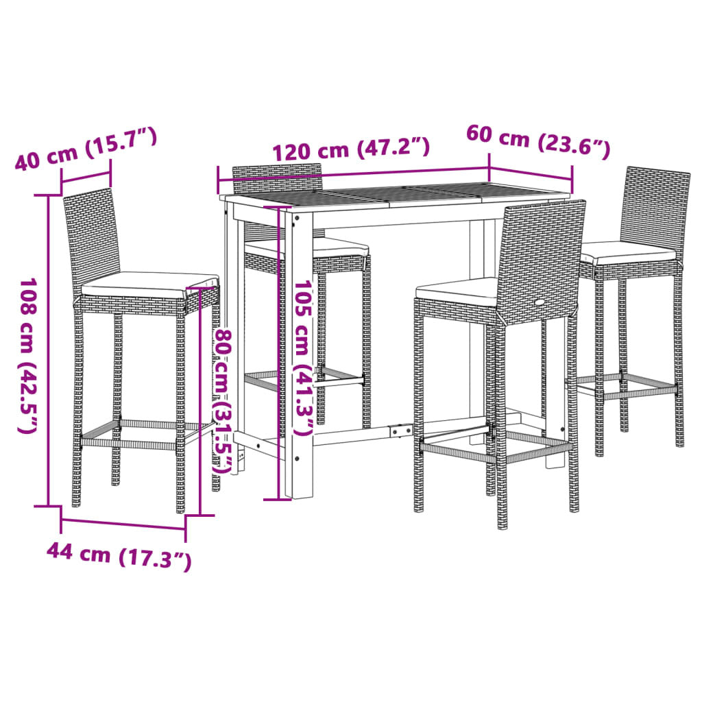 5 Piece Patio Bar Set Black Solid Wood Acacia and Poly Rattan