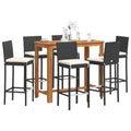 7 Piece Patio Bar Set Black Solid Wood Acacia and Poly Rattan