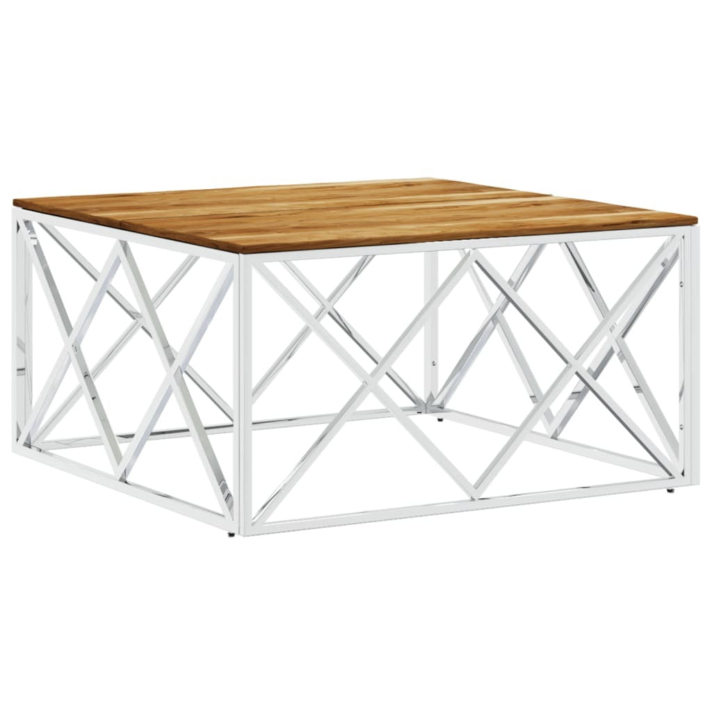 Coffee Table Silver Stainless Steel and Solid Wood Acacia