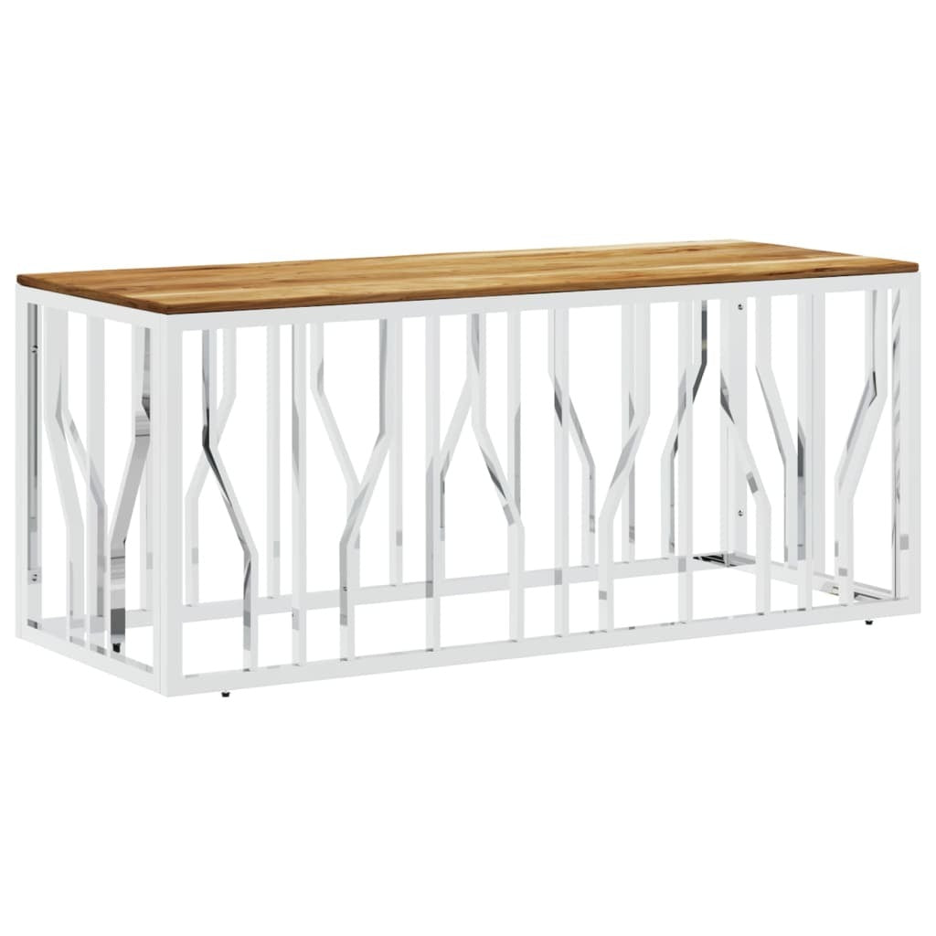 Coffee Table Silver Stainless Steel and Solid Wood Acacia
