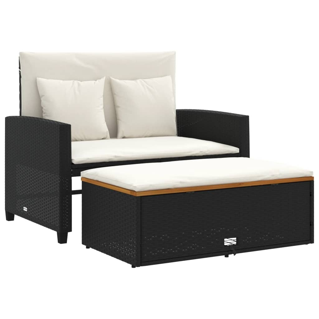 Patio Sofa with Cushions 2-Seater Black Poly Rattan&Acacia Wood