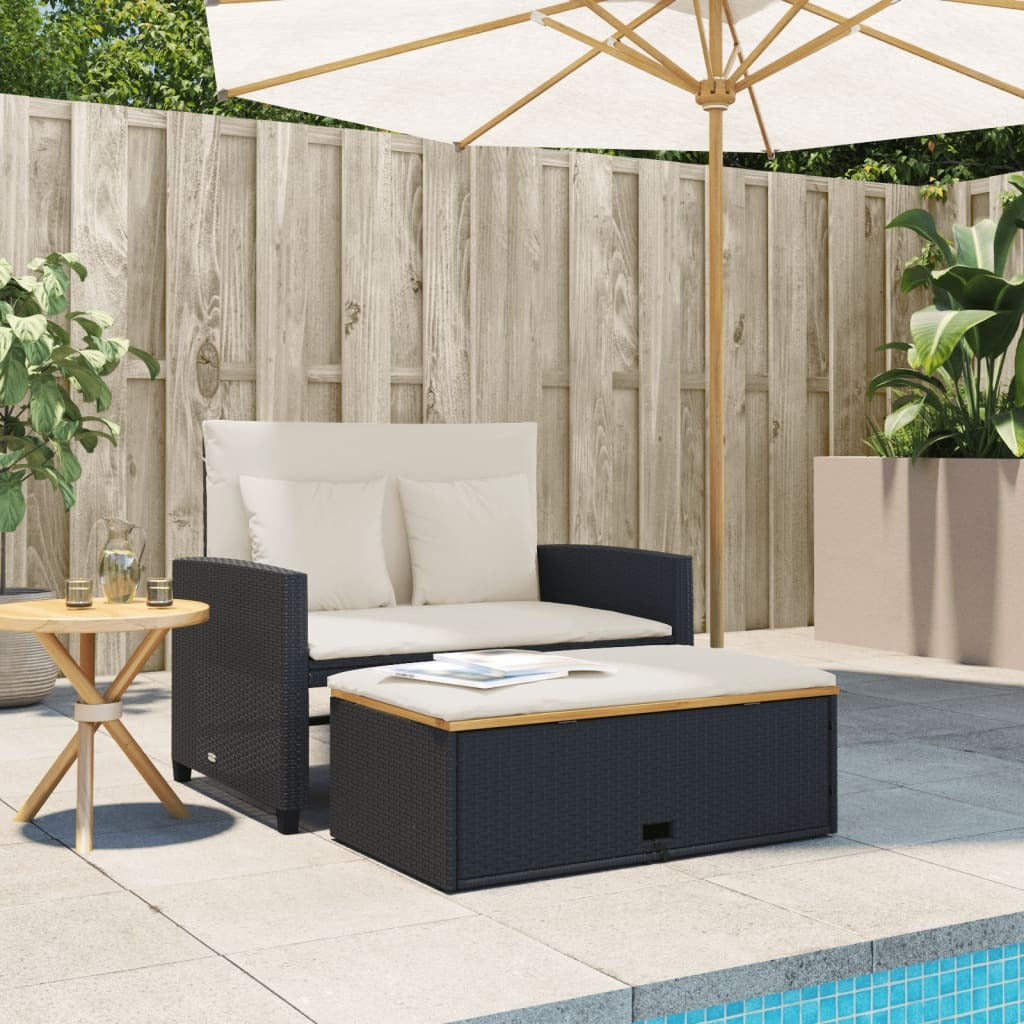 Patio Sofa with Cushions 2-Seater Black Poly Rattan&Acacia Wood