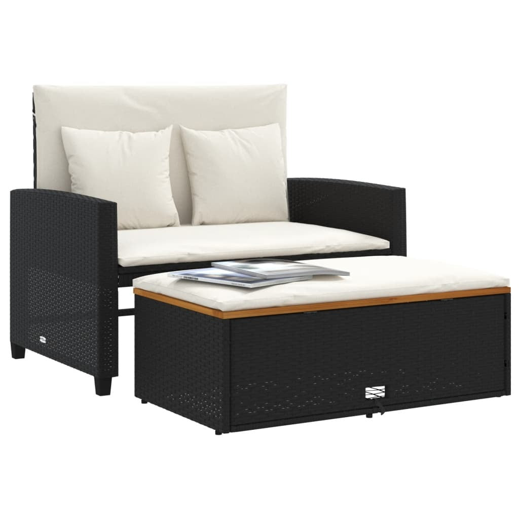 Patio Sofa with Cushions 2-Seater Black Poly Rattan&Acacia Wood