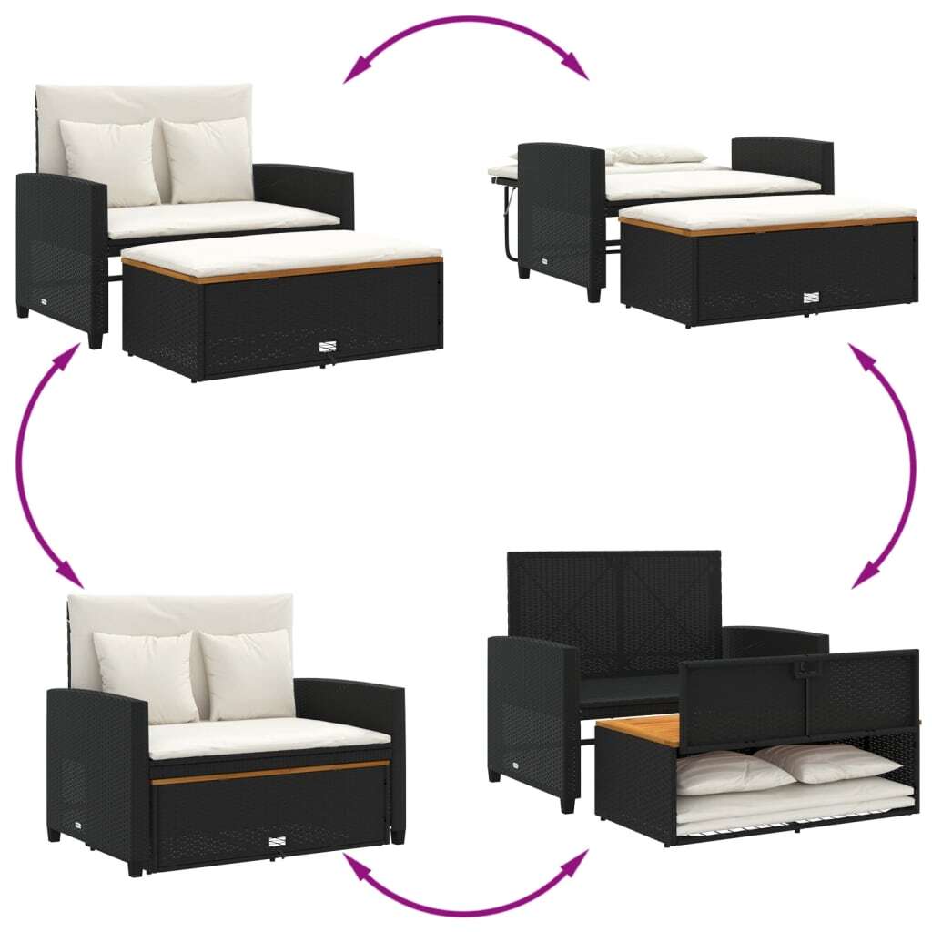 Patio Sofa with Cushions 2-Seater Black Poly Rattan&Acacia Wood