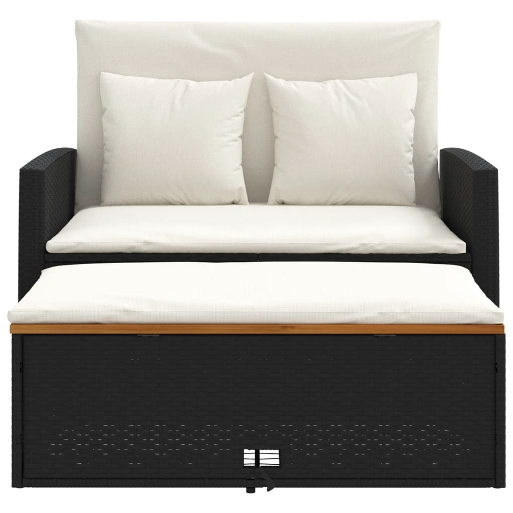 Patio Sofa with Cushions 2-Seater Black Poly Rattan&Acacia Wood