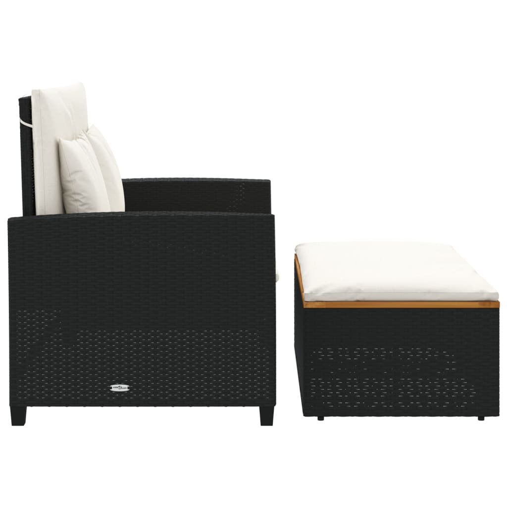Patio Sofa with Cushions 2-Seater Black Poly Rattan&Acacia Wood