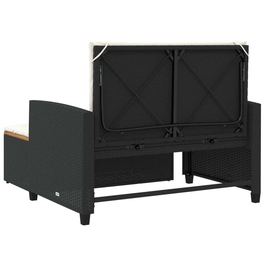 Patio Sofa with Cushions 2-Seater Black Poly Rattan&Acacia Wood