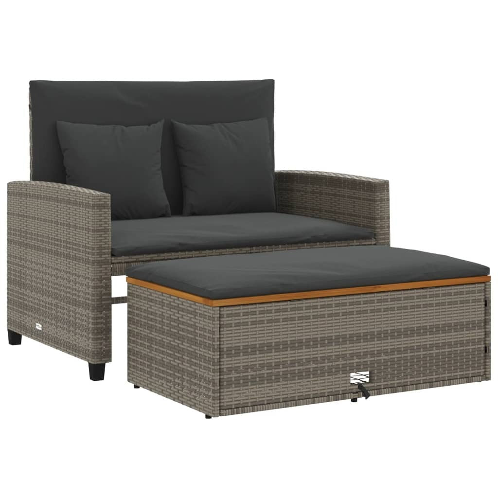 Patio Sofa with Cushions 2-Seater Gray Poly Rattan&Acacia Wood
