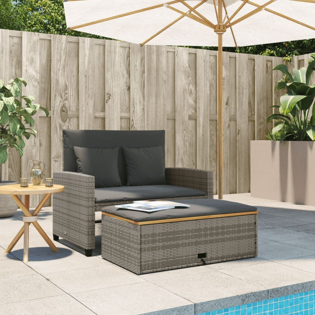 Patio Sofa with Cushions 2-Seater Gray Poly Rattan&Acacia Wood