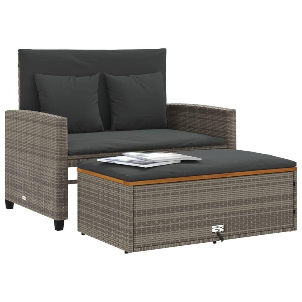 Patio Sofa with Cushions 2-Seater Gray Poly Rattan&Acacia Wood