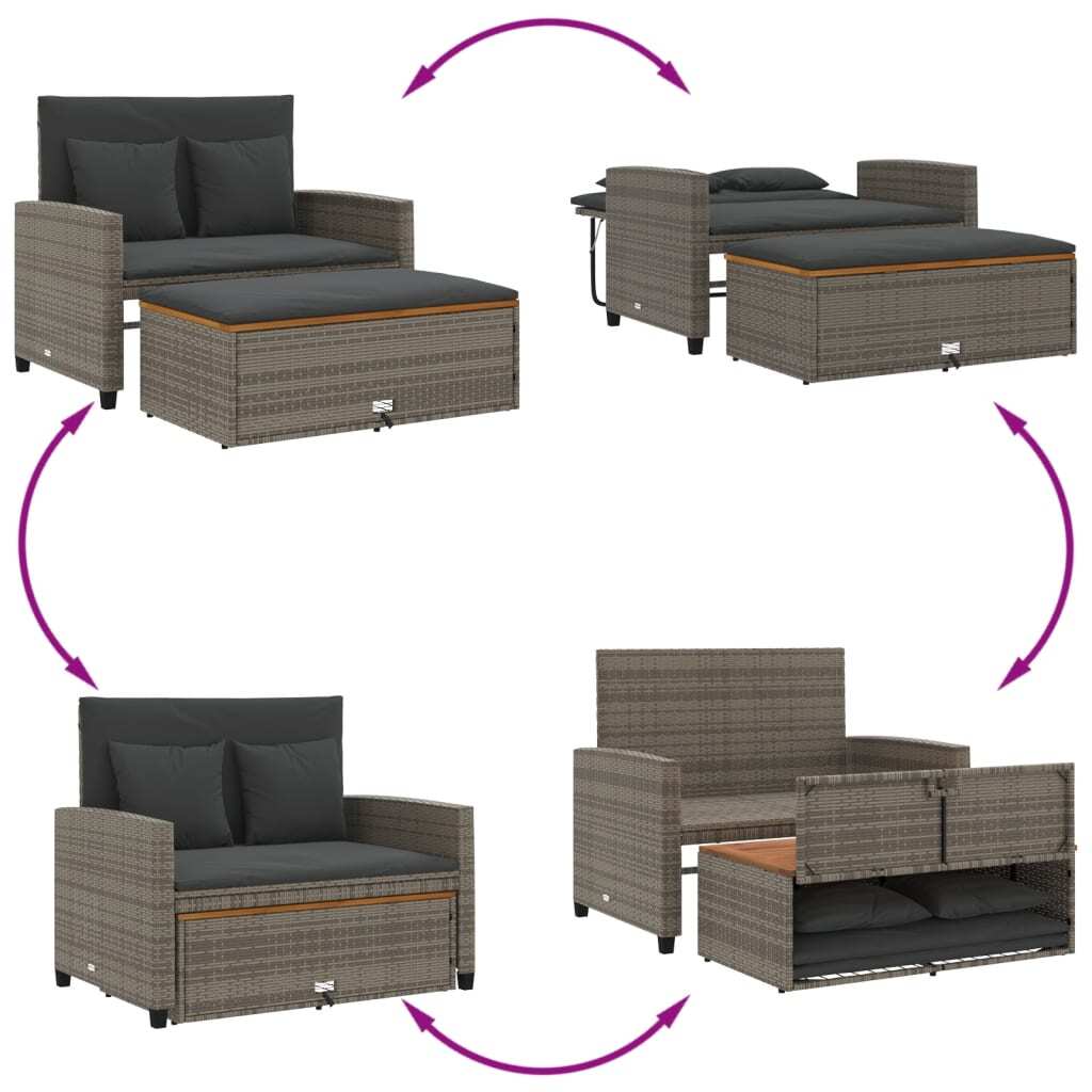 Patio Sofa with Cushions 2-Seater Gray Poly Rattan&Acacia Wood