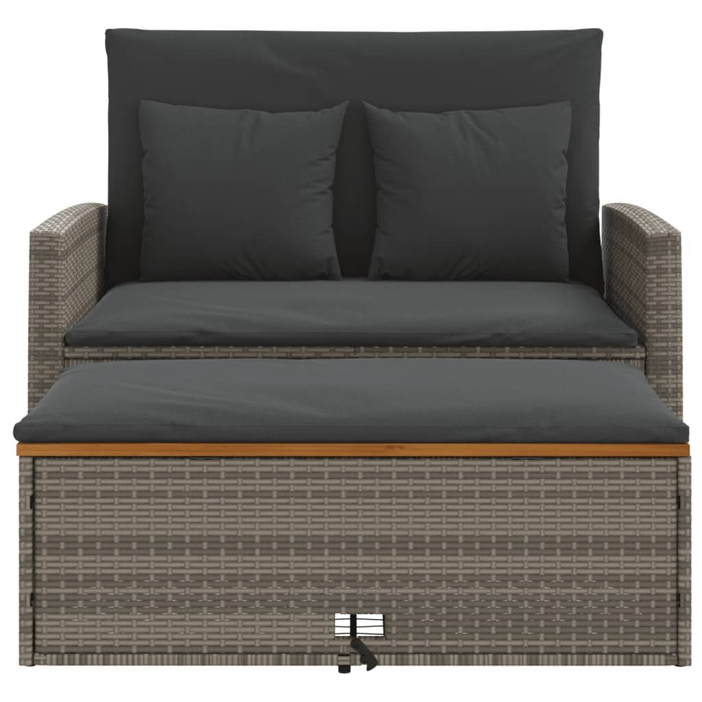 Patio Sofa with Cushions 2-Seater Gray Poly Rattan&Acacia Wood
