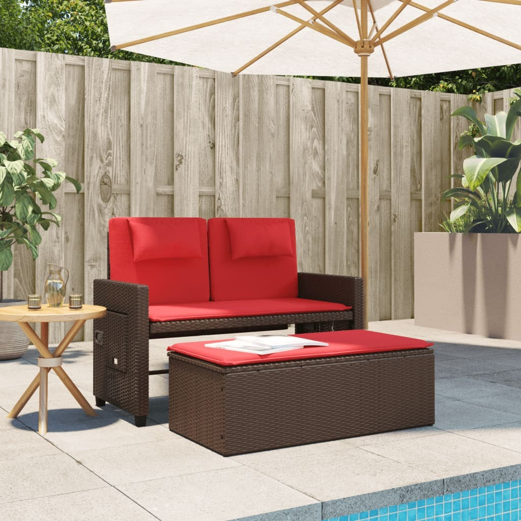 Reclining Patio Bench with Cushions Brown Poly Rattan