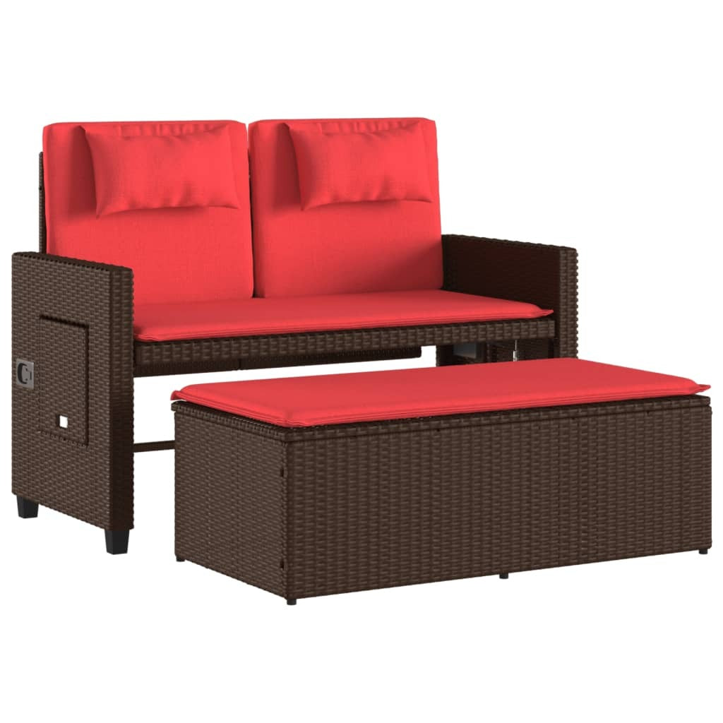 Reclining Patio Bench with Cushions Brown Poly Rattan