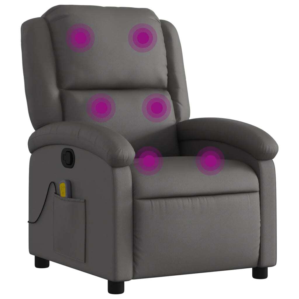Massage Recliner Chair Gray Real Leather