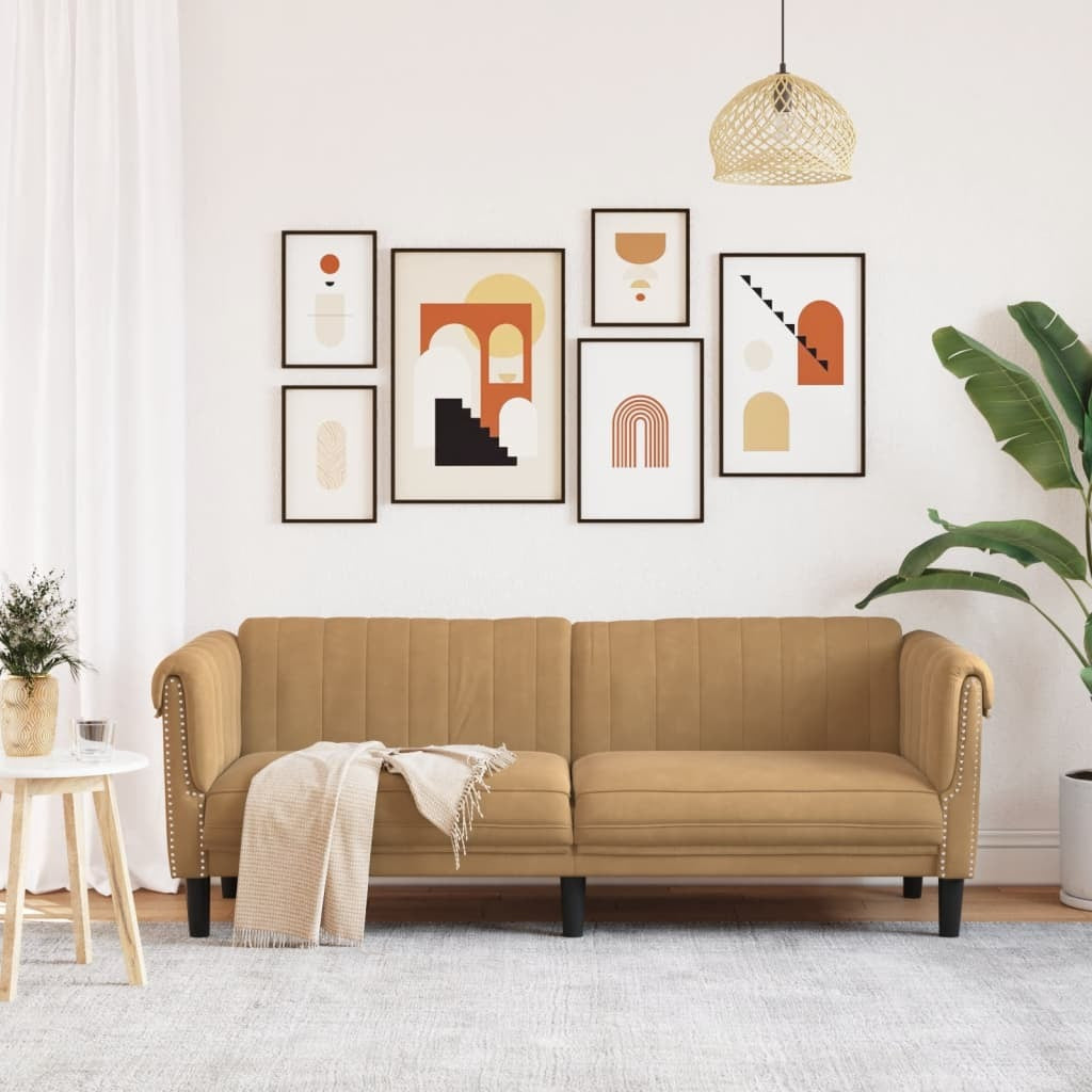 Sofa 3-Seater Brown Faux Suede Leather