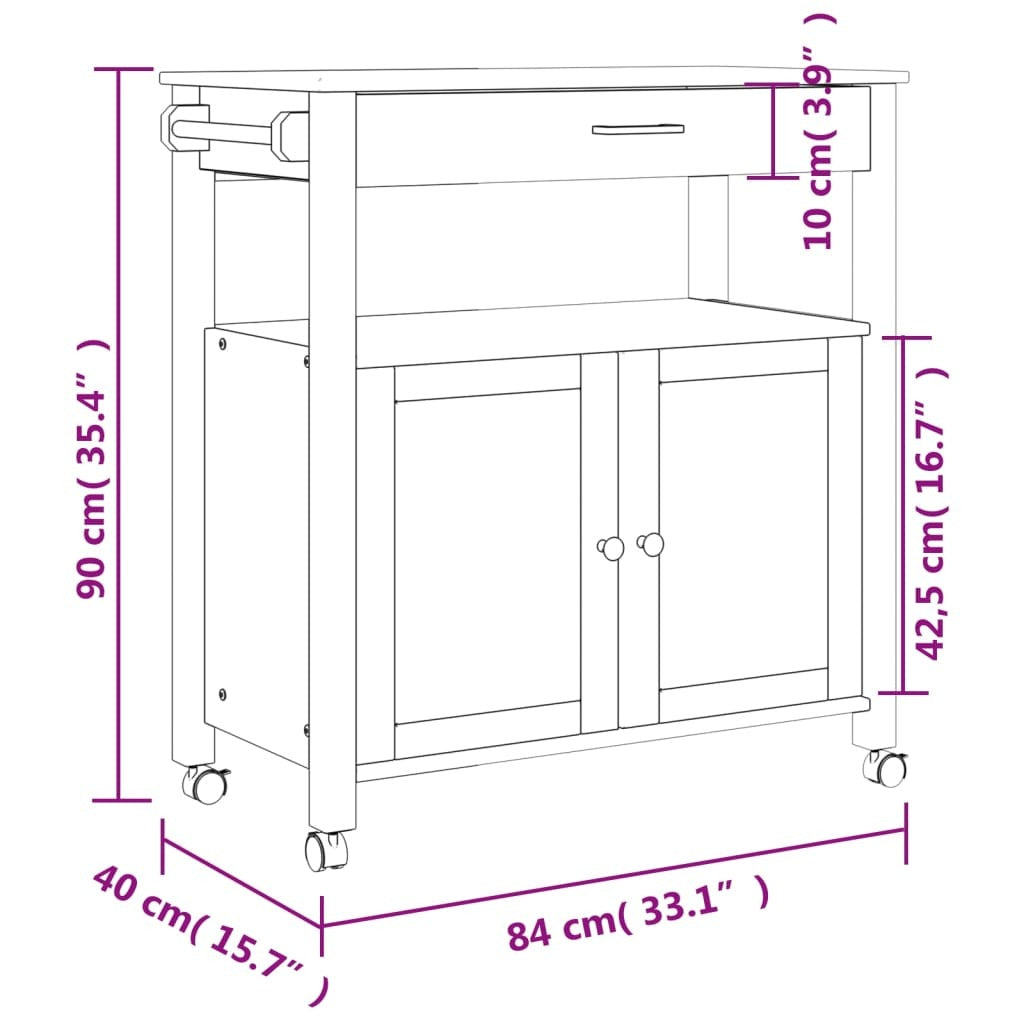 Kitchen Trolley MONZA 33.1"x15.7"x34.8" Solid Wood Pine