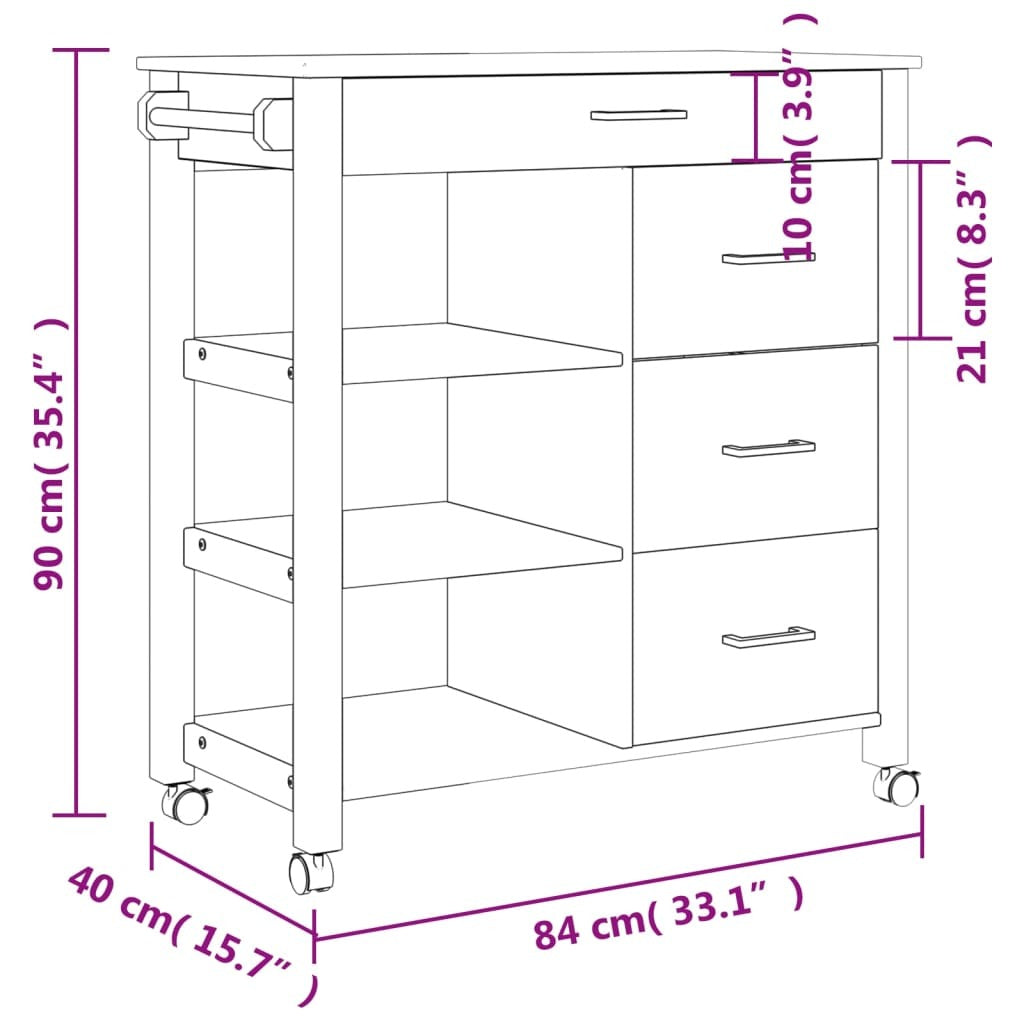 Kitchen Trolley MONZA 33.1"x15.7"x34.8" Solid Wood Pine