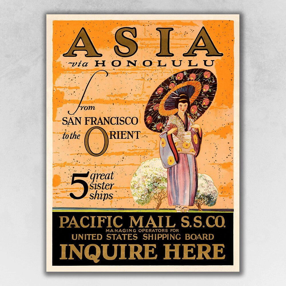Asia via Honolulu Vintage Travel Unframed Print Wall Art