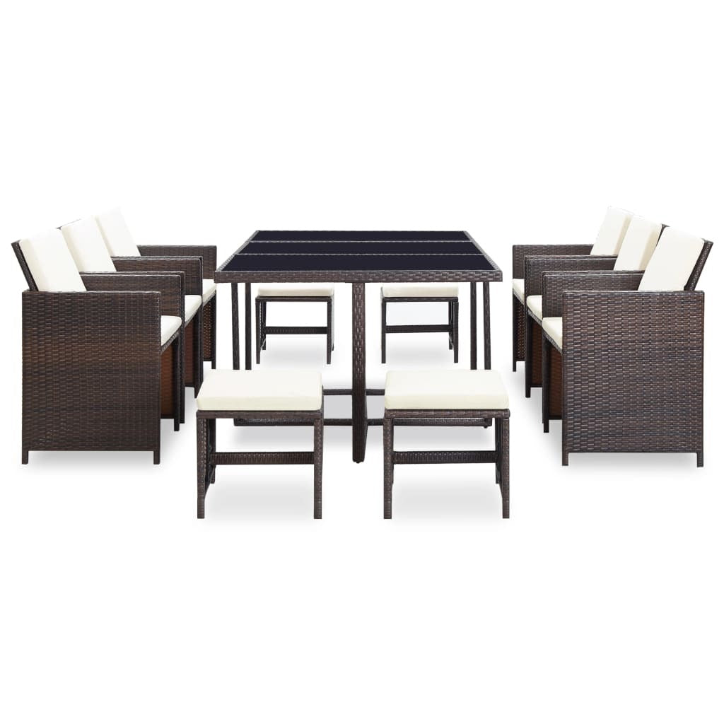 11 Piece Patio Dining Set with Cushions Poly Rattan Brown