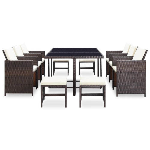 11 Piece Patio Dining Set with Cushions Poly Rattan Brown