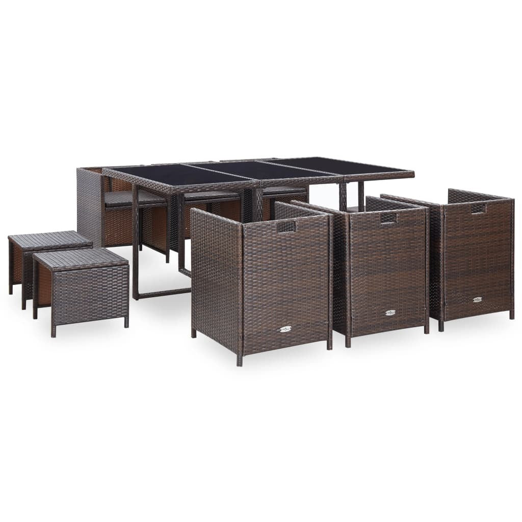 11 Piece Patio Dining Set with Cushions Poly Rattan Brown