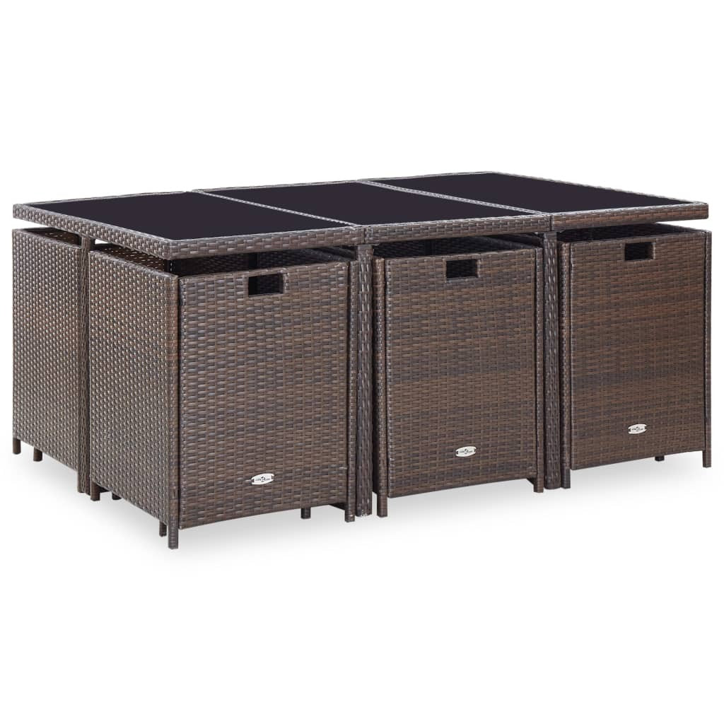 11 Piece Patio Dining Set with Cushions Poly Rattan Brown