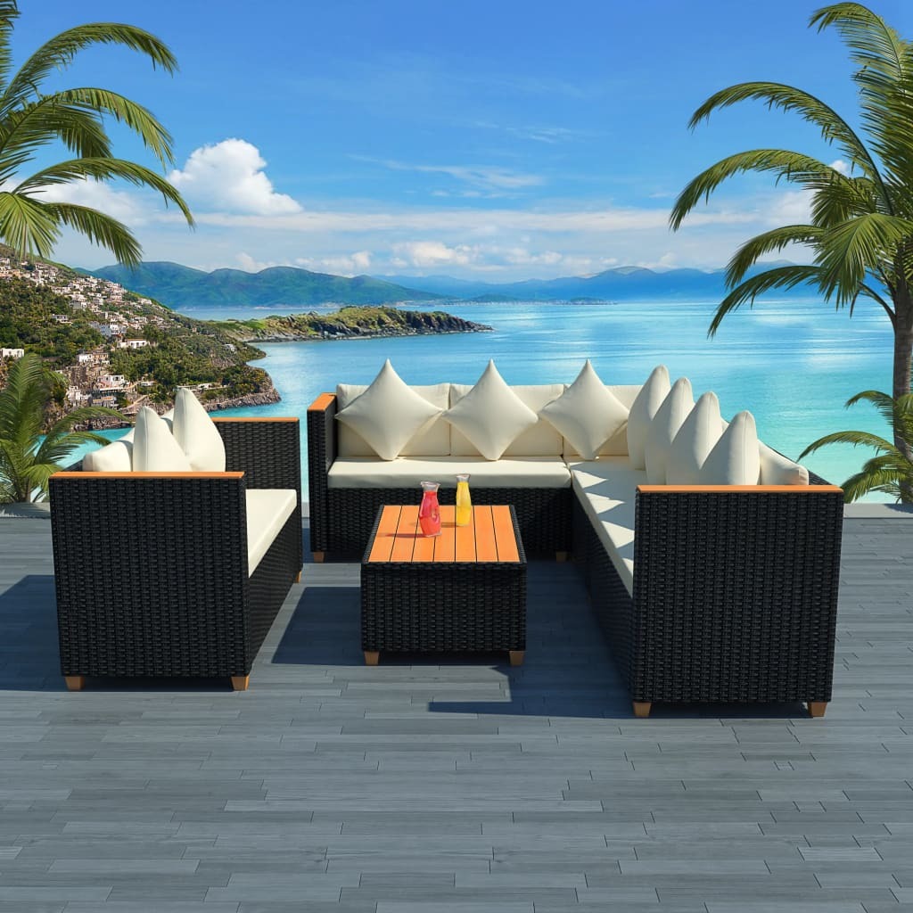 5 Piece Patio Lounge Set with Cushions Poly Rattan Black