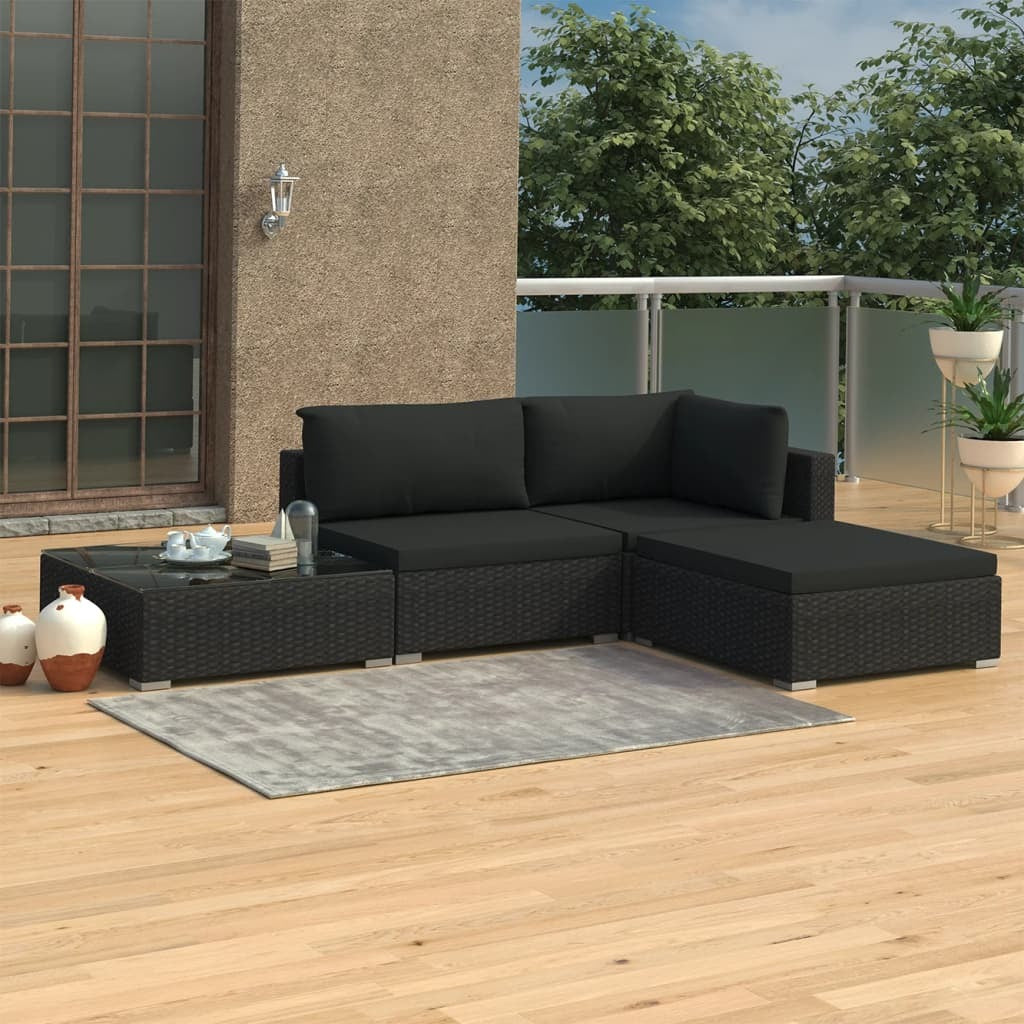 4 Piece Patio Lounge Set with Cushions Poly Rattan Black