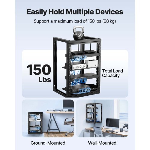 15U Wall Mount Server Rack, 150 lbs Max Load Capacity, Open Frame Network Rack with 180 Degrees Gate Swing, Carbon Steel, for 19-Inch IT Network Equipment & AV Devices Computer Server, Black