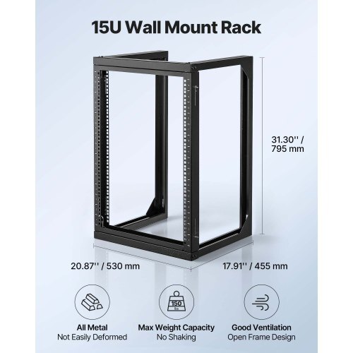 15U Wall Mount Server Rack, 150 lbs Max Load Capacity, Open Frame Network Rack with 180 Degrees Gate Swing, Carbon Steel, for 19-Inch IT Network Equipment & AV Devices Computer Server, Black