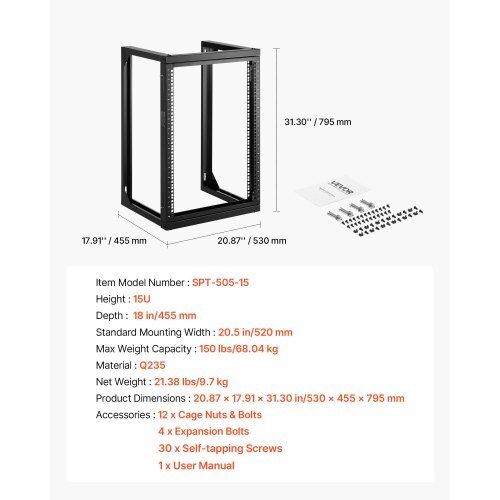 15U Wall Mount Server Rack, 150 lbs Max Load Capacity, Open Frame Network Rack with 180 Degrees Gate Swing, Carbon Steel, for 19-Inch IT Network Equipment & AV Devices Computer Server, Black