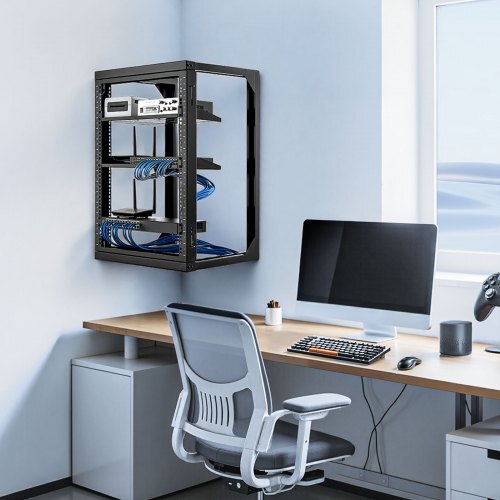 15U Wall Mount Server Rack, 150 lbs Max Load Capacity, Open Frame Network Rack with 180 Degrees Gate Swing, Carbon Steel, for 19-Inch IT Network Equipment & AV Devices Computer Server, Black