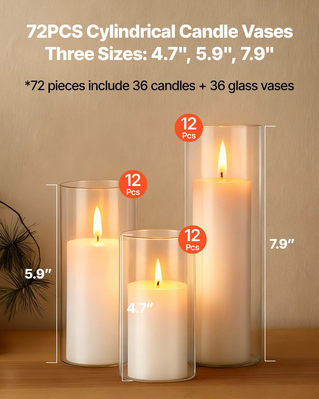 Pillar Candles and Glass Vases Set 72 Pcs, Clear Cylinder Hurricane Candle Holders for Wedding Centerpieces, Tall Vase for Table Decor, Wedding Party, Thanksgiving,White (2.56" x 4.7",5.9",7.9")