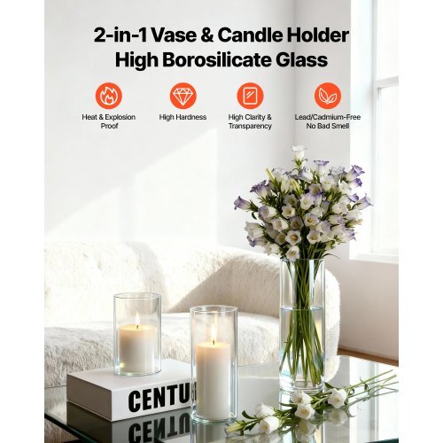 Pillar Candles and Glass Vases Set 72 Pcs, Clear Cylinder Hurricane Candle Holders for Wedding Centerpieces, Tall Vase for Table Decor, Wedding Party, Thanksgiving,White (2.56" x 4.7",5.9",7.9")