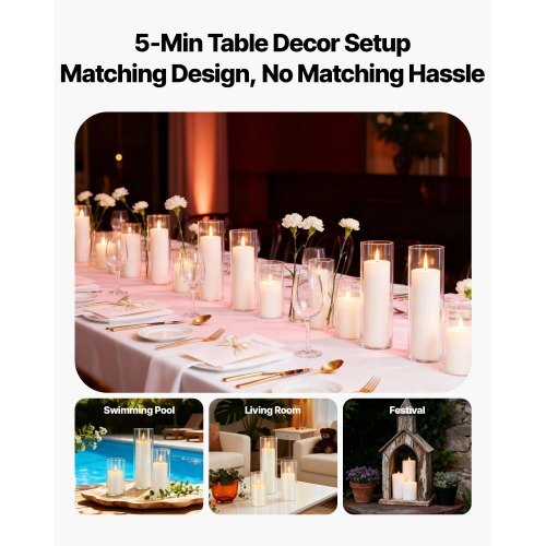Pillar Candles and Glass Vases Set 72 Pcs, Clear Cylinder Hurricane Candle Holders for Wedding Centerpieces, Tall Vase for Table Decor, Wedding Party, Thanksgiving,White (2.56" x 4.7",5.9",7.9")