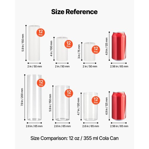 Pillar Candles and Glass Vases Set 72 Pcs, Clear Cylinder Hurricane Candle Holders for Wedding Centerpieces, Tall Vase for Table Decor, Wedding Party, Thanksgiving,White (2.56" x 4.7",5.9",7.9")