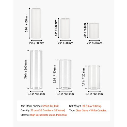 Pillar Candles and Glass Vases Set 72 Pcs, Clear Cylinder Hurricane Candle Holders for Wedding Centerpieces, Tall Vase for Table Decor, Wedding Party, Thanksgiving,White (2.56" x 4.7",5.9",7.9")