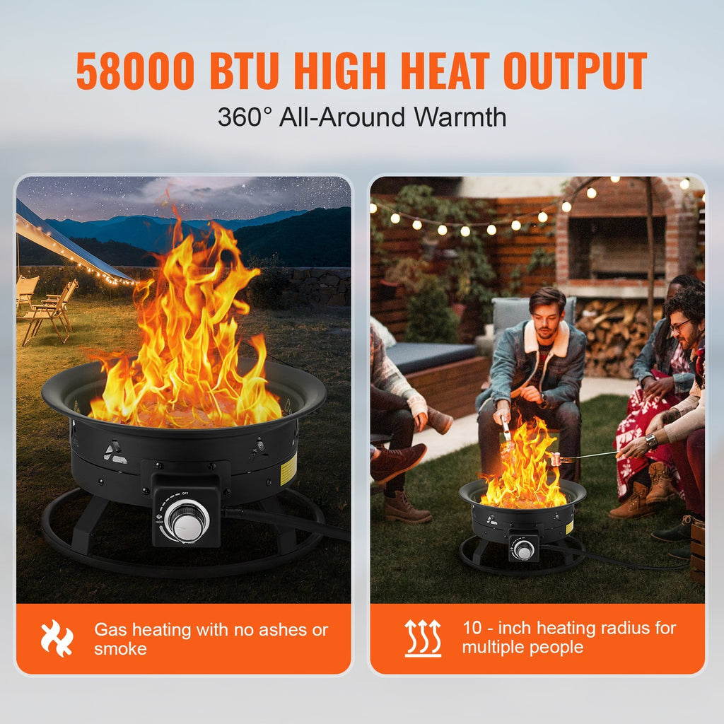 Propane Fire Pit, 19-Inch Diameter Outdoor Portable Gas Fire Pit with Cover & Lava Rocks, Adjustable Flame Height Camping Firepit for Heating, Lighting, Gathering, 58,000 BTU, Black