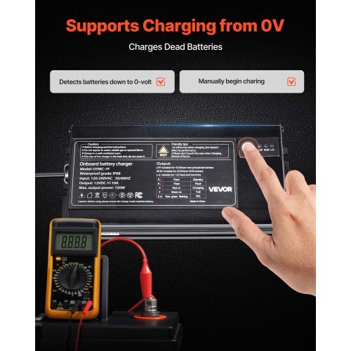 Marine Battery Charger, 1-Bank, 10A 12V Onboard Boat Charger, IP68 Waterproof Smart On-Board Battery Charger, for Lithium-Ion (LiFePO4), NCM, Lead-Acid Batteries, Large Boat, Yacht, RV, Trailer