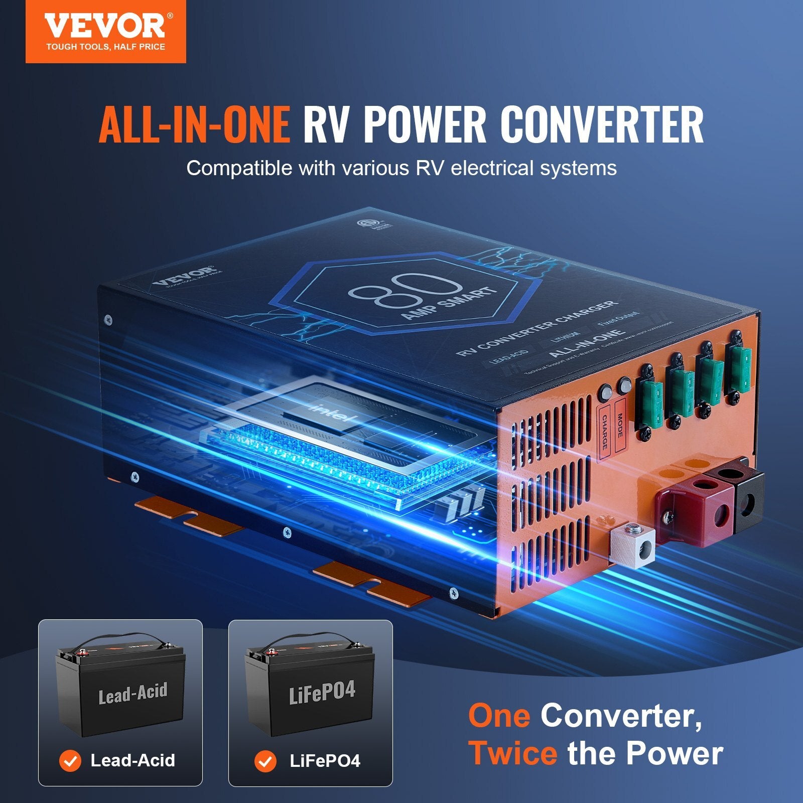 RV Converter, 80 Amp, 110V AC to 12V DC RV Power Converter Battery Charger with 4 Stage Smart Charging 13V to 16.5V Adjustable Operating Range, Compatible with Lithium Lead Acid Battery, ETL