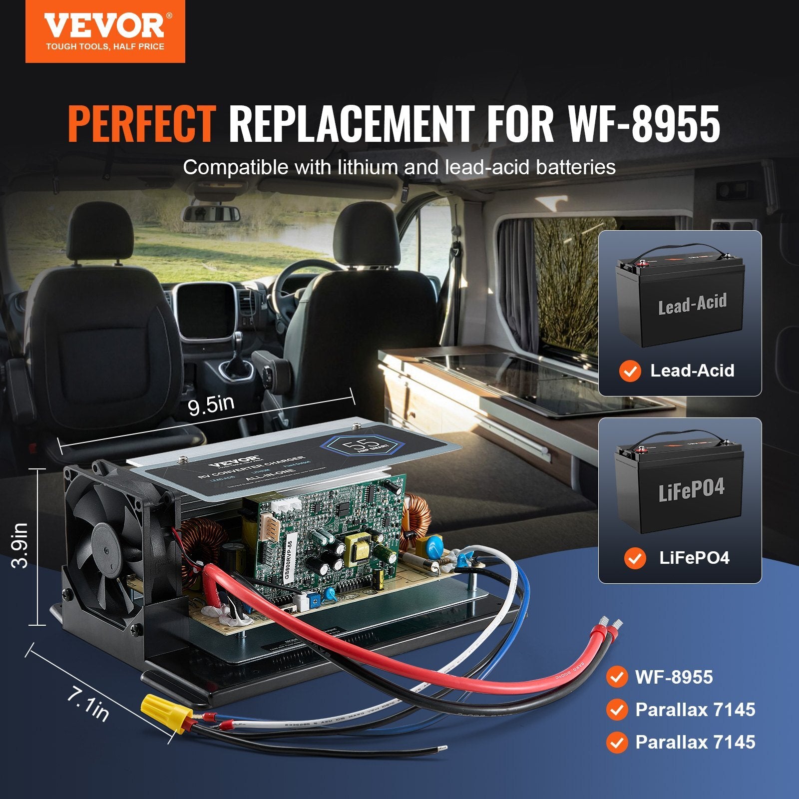 WF-8955-AD-MBA Main Board Assembly, 55 Amp, Three-Stage RV Power Converter Replacement Unit, Compatible with Lithium Lead Acid Battery, Fit for WF-8955, Parallax 7145 & 7145 Series Converters