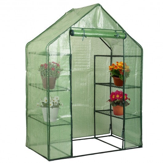 Portable 4 Tier Walk-in Plant Greenhouse with 8 Shelves - Color: Green